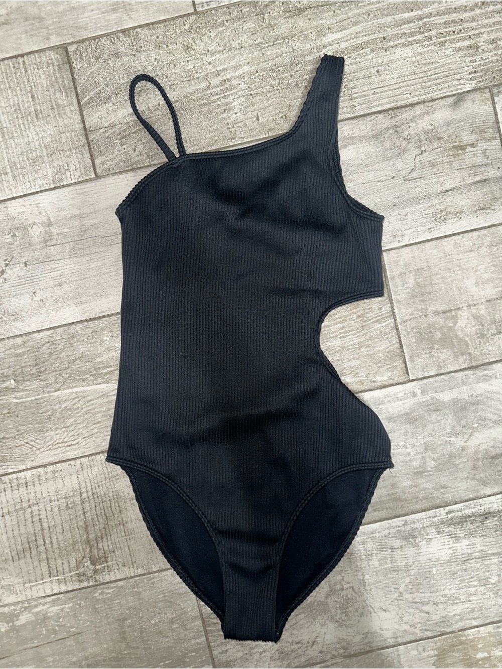 Abercrombie & Fitch kids black Ribbed one shoulder Asymmetrical Cutout Swimsuit